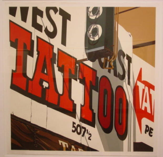 Print of a tattoo parlor sign, red, brown, white, and green.